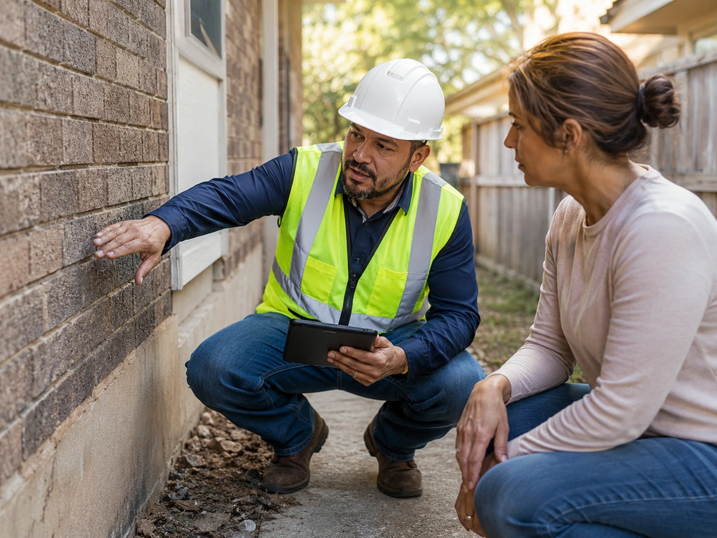 Mexia Foundation Repair team member helping a homeowner during a home evaluation
